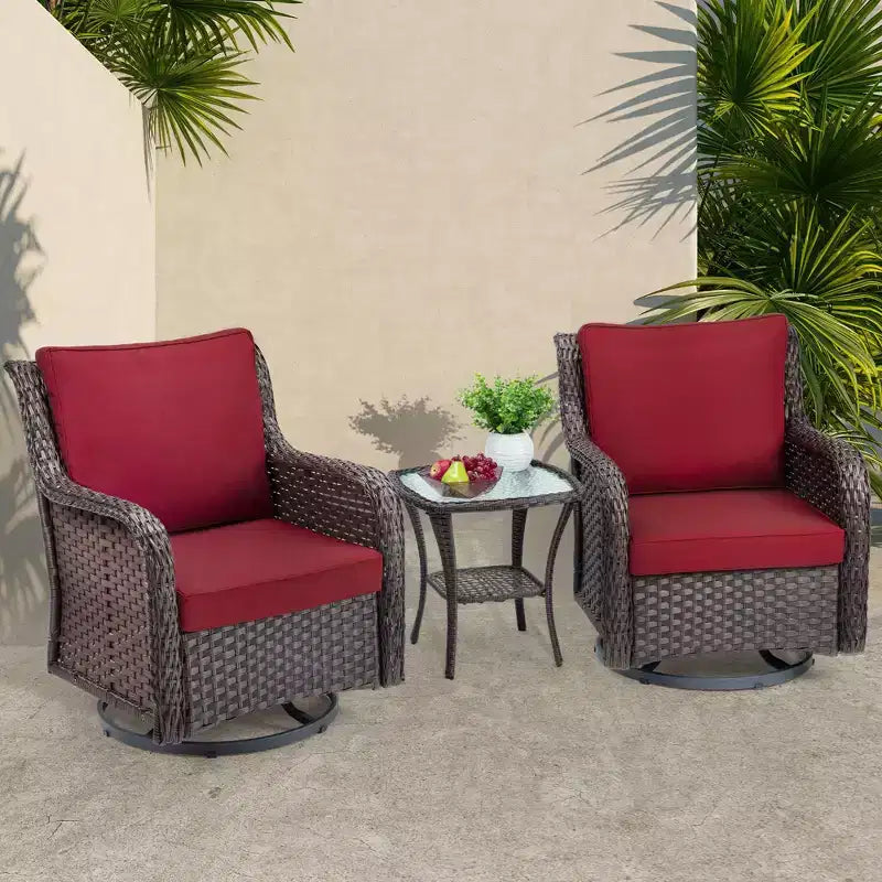 Sillones de Patio Giratorios de Mimbre, Silla Mecedora con Giro de 360 Grados, Juego de Bistró de Exterior de 3 Piezas, para Porche, Balcón
