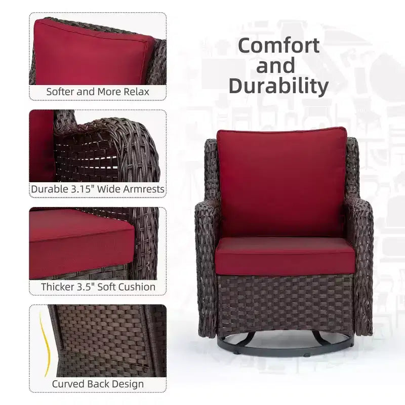 Sillones de Patio Giratorios de Mimbre, Silla Mecedora con Giro de 360 Grados, Juego de Bistró de Exterior de 3 Piezas, para Porche, Balcón