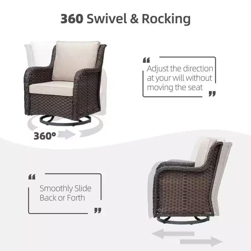 Sillones de Patio Giratorios de Mimbre, Silla Mecedora con Giro de 360 Grados, Juego de Bistró de Exterior de 3 Piezas, para Porche, Balcón