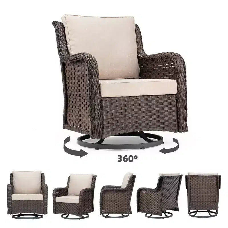 Sillones de Patio Giratorios de Mimbre, Silla Mecedora con Giro de 360 Grados, Juego de Bistró de Exterior de 3 Piezas, para Porche, Balcón