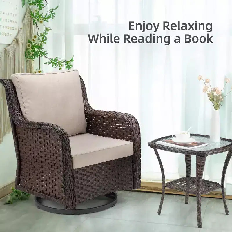 Sillones de Patio Giratorios de Mimbre, Silla Mecedora con Giro de 360 Grados, Juego de Bistró de Exterior de 3 Piezas, para Porche, Balcón