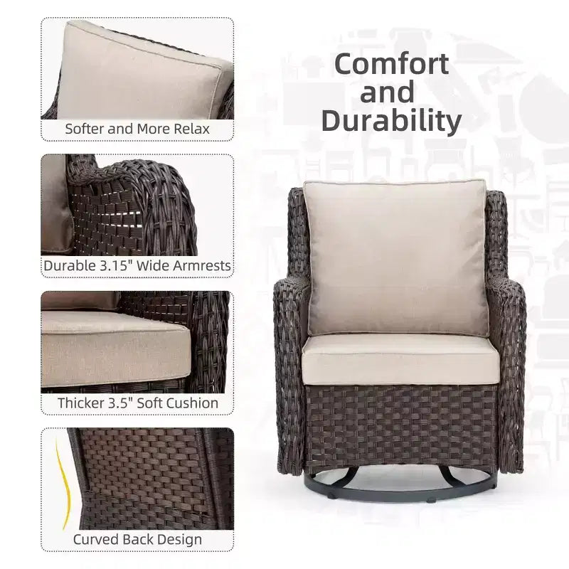 Sillones de Patio Giratorios de Mimbre, Silla Mecedora con Giro de 360 Grados, Juego de Bistró de Exterior de 3 Piezas, para Porche, Balcón