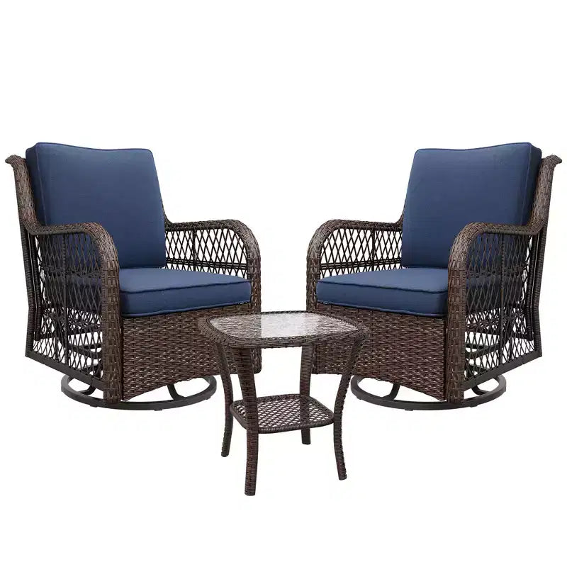 Sillones de Patio Giratorios de Mimbre, Silla Mecedora con Giro de 360 Grados, Juego de Bistró de Exterior de 3 Piezas, para Porche, Balcón