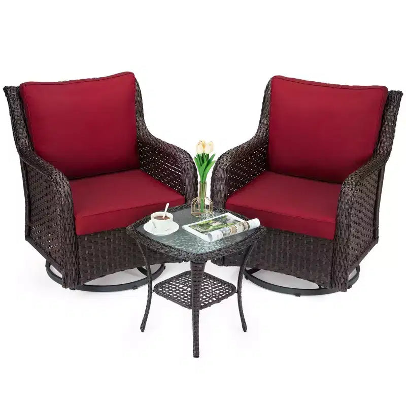 Sillones de Patio Giratorios de Mimbre, Silla Mecedora con Giro de 360 Grados, Juego de Bistró de Exterior de 3 Piezas, para Porche, Balcón