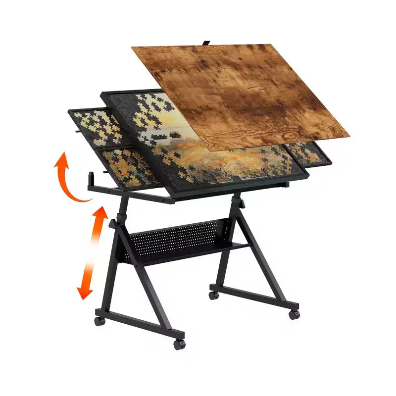 GDFStudio Anchalee Mesa de puzles moderna de metal y madera con 4 bandejas