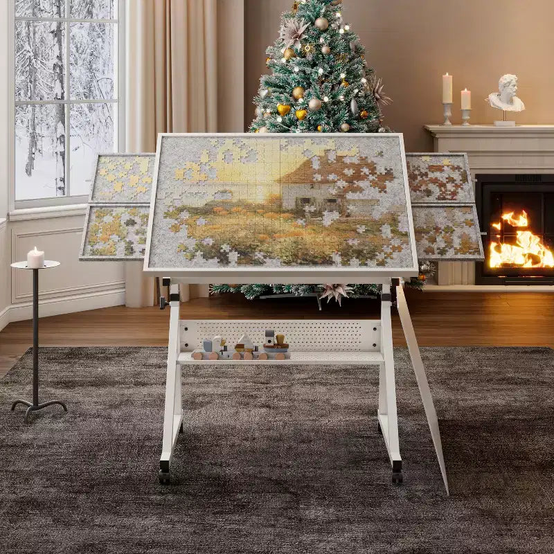 GDFStudio Anchalee Mesa de puzles moderna de metal y madera con 4 bandejas