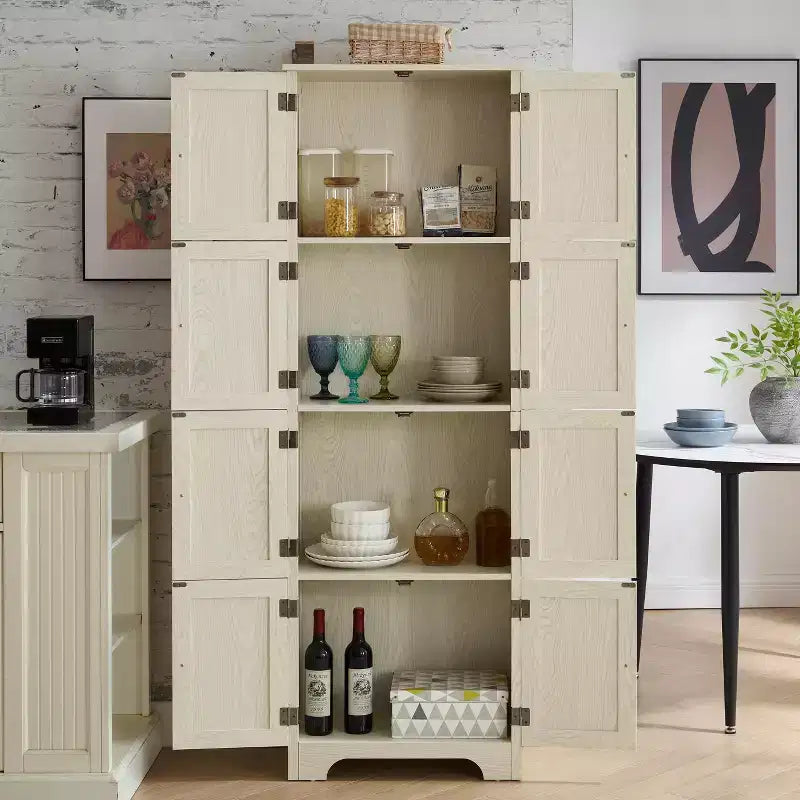 Armario alto de almacenamiento estilo casa de campo con 8 puertas, despensa de cocina de madera de 72 pulgadas de alto con 4 estantes, estantería independiente de 4 niveles