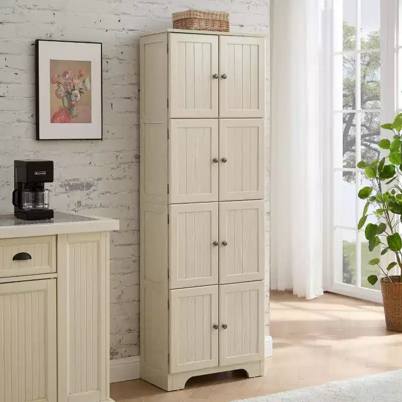 Armario alto de almacenamiento estilo casa de campo con 8 puertas, despensa de cocina de madera de 72 pulgadas de alto con 4 estantes, estantería independiente de 4 niveles