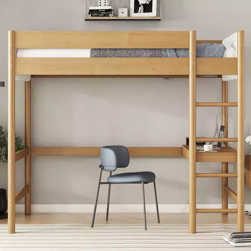 GDFStudio Kelsen Cama alta moderna de madera de caucho tamaño individual con escritorio y cabecera tapizada en Boucle