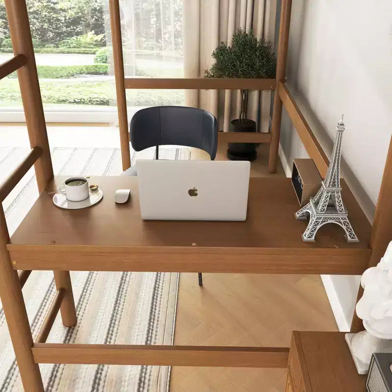 GDFStudio Kelsen Cama alta moderna de madera de caucho tamaño individual con escritorio y cabecera tapizada en Boucle