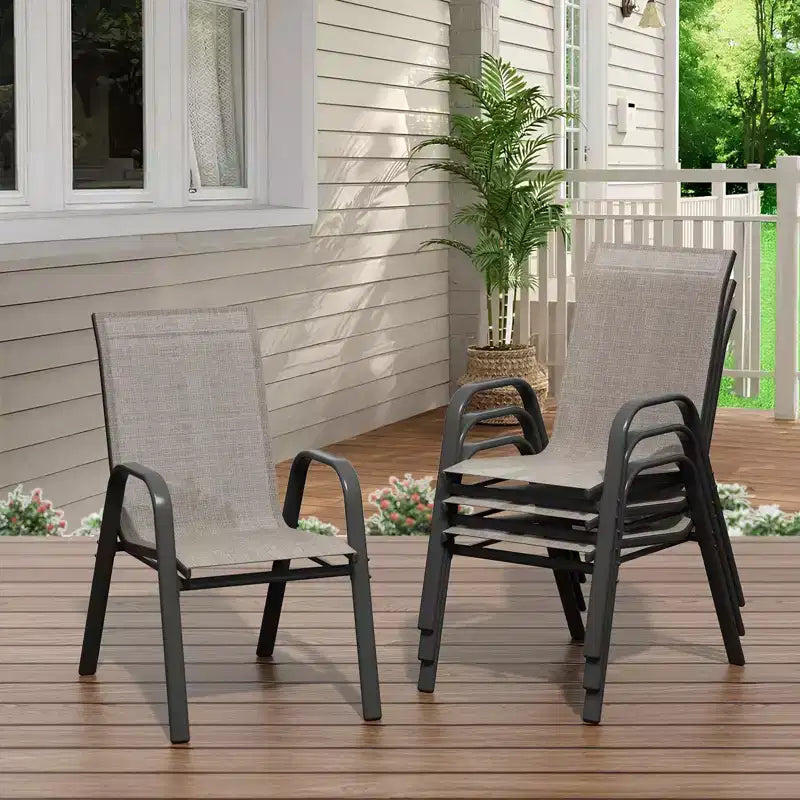Juego de 4 sillas de comedor apilables que ahorran espacio para patio | Sillas de exterior de respaldo alto con tela de textileno transpirable | Marco de metal duradero, ideales para el césped