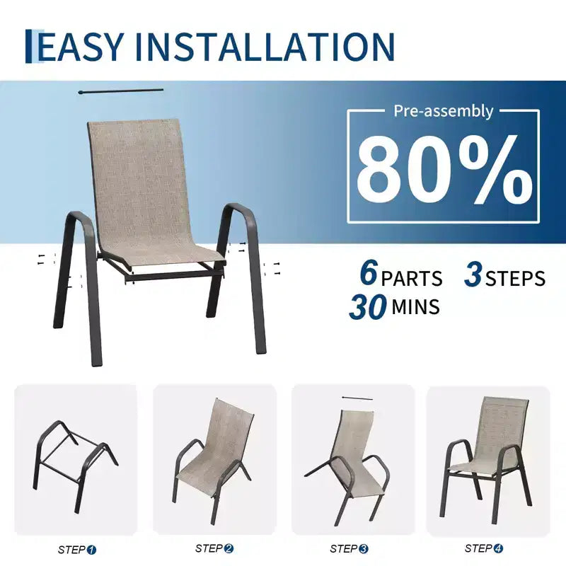 Juego de 4 sillas de comedor apilables que ahorran espacio para patio | Sillas de exterior de respaldo alto con tela de textileno transpirable | Marco de metal duradero, ideales para el césped