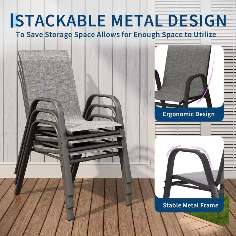 Juego de 4 sillas de comedor apilables que ahorran espacio para patio | Sillas de exterior de respaldo alto con tela de textileno transpirable | Marco de metal duradero, ideales para el césped