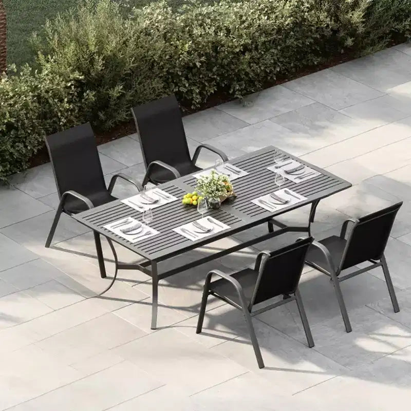 Juego de 4 sillas de comedor apilables que ahorran espacio para patio | Sillas de exterior de respaldo alto con tela de textileno transpirable | Marco de metal duradero, ideales para el césped