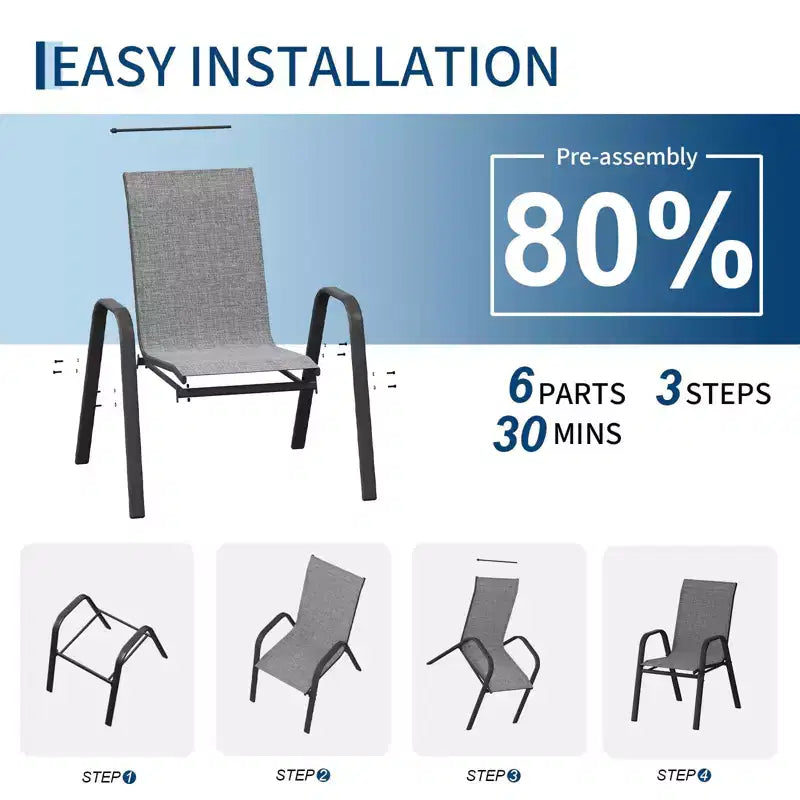 Juego de 4 sillas de comedor apilables que ahorran espacio para patio | Sillas de exterior de respaldo alto con tela de textileno transpirable | Marco de metal duradero, ideales para el césped