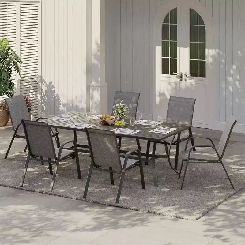 Juego de 4 sillas de comedor apilables que ahorran espacio para patio | Sillas de exterior de respaldo alto con tela de textileno transpirable | Marco de metal duradero, ideales para el césped