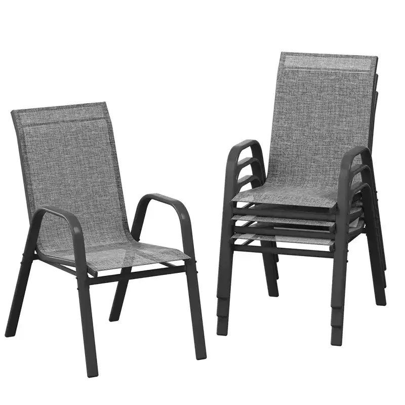 Juego de 4 sillas de comedor apilables que ahorran espacio para patio | Sillas de exterior de respaldo alto con tela de textileno transpirable | Marco de metal duradero, ideales para el césped
