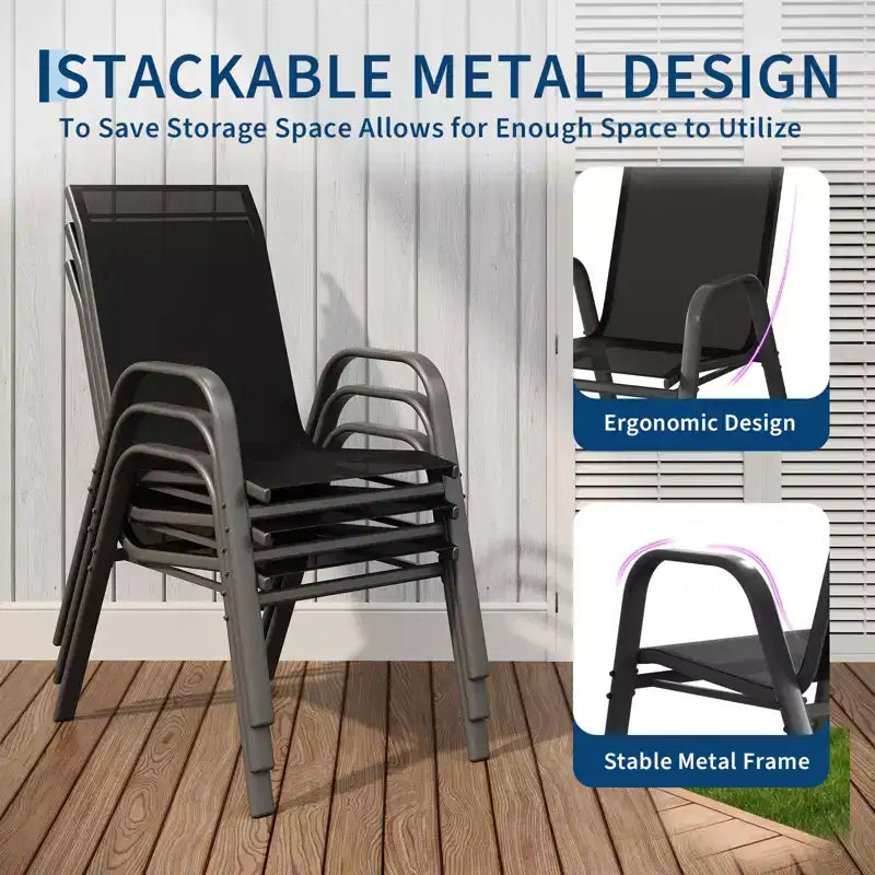 Juego de 4 sillas de comedor apilables que ahorran espacio para patio | Sillas de exterior de respaldo alto con tela de textileno transpirable | Marco de metal duradero, ideales para el césped