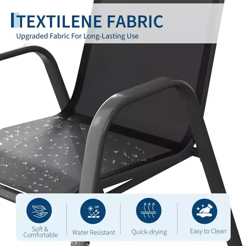Juego de 4 sillas de comedor apilables que ahorran espacio para patio | Sillas de exterior de respaldo alto con tela de textileno transpirable | Marco de metal duradero, ideales para el césped