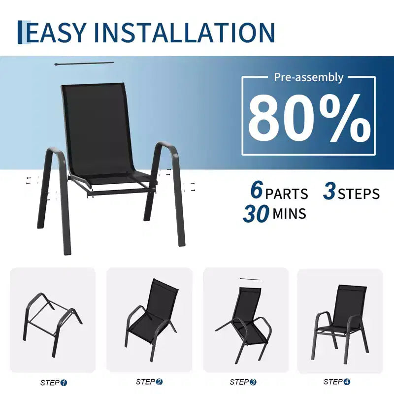 Juego de 4 sillas de comedor apilables que ahorran espacio para patio | Sillas de exterior de respaldo alto con tela de textileno transpirable | Marco de metal duradero, ideales para el césped