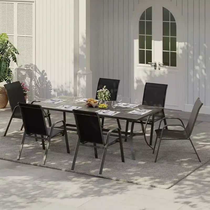 Juego de 4 sillas de comedor apilables que ahorran espacio para patio | Sillas de exterior de respaldo alto con tela de textileno transpirable | Marco de metal duradero, ideales para el césped