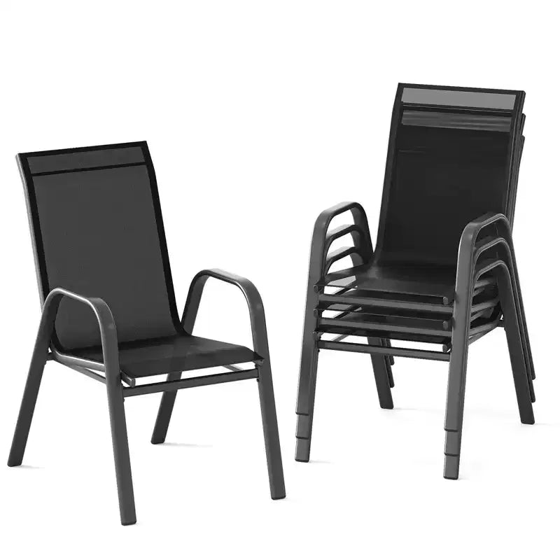 Juego de 4 sillas de comedor apilables que ahorran espacio para patio | Sillas de exterior de respaldo alto con tela de textileno transpirable | Marco de metal duradero, ideales para el césped