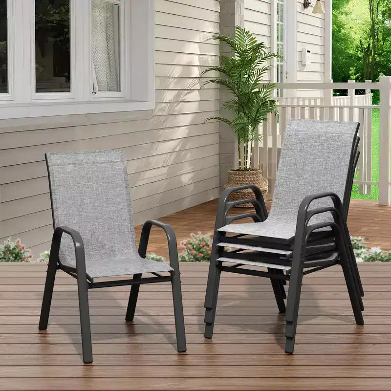 Juego de 4 sillas de comedor apilables que ahorran espacio para patio | Sillas de exterior de respaldo alto con tela de textileno transpirable | Marco de metal duradero, ideales para el césped