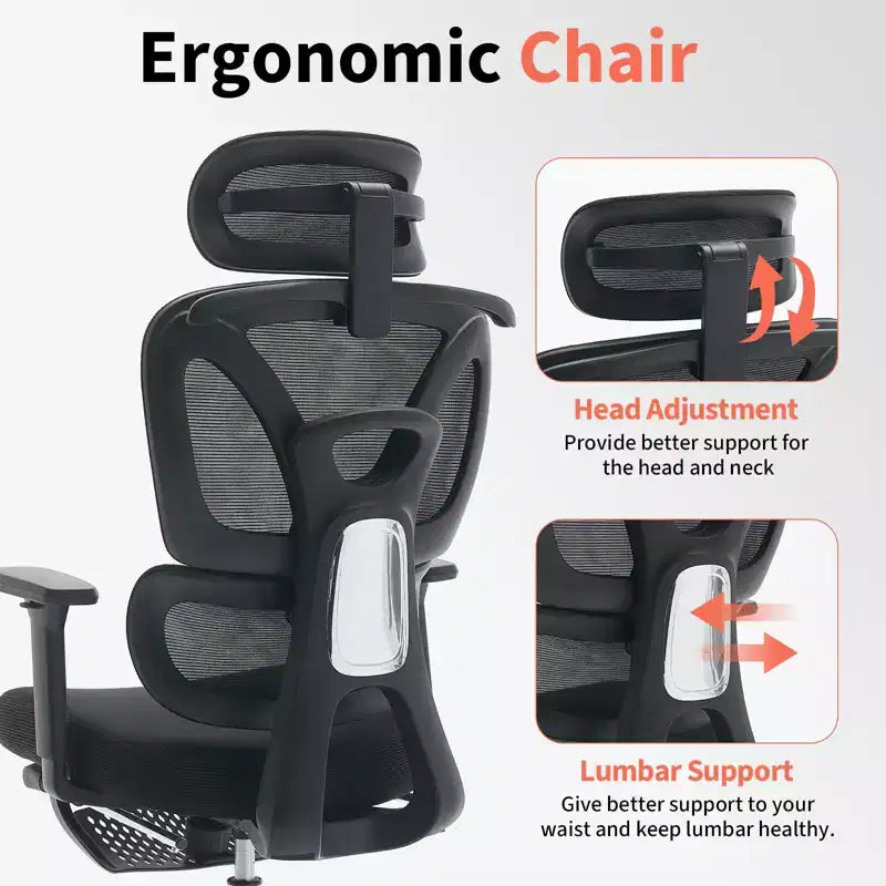 Silla de oficina ergonómica de malla, soporte lumbar ajustable, malla transpirable, silla giratoria para escritorio de ordenador, para oficina en casa