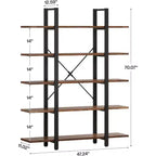 Estantería Lantine de 5 niveles, estantería industrial, librería alta vintage, 70 de alto x 11 de profundidad x 47 de ancho, para dormitorio, sala de estar, oficina en casa, marrón rústico
