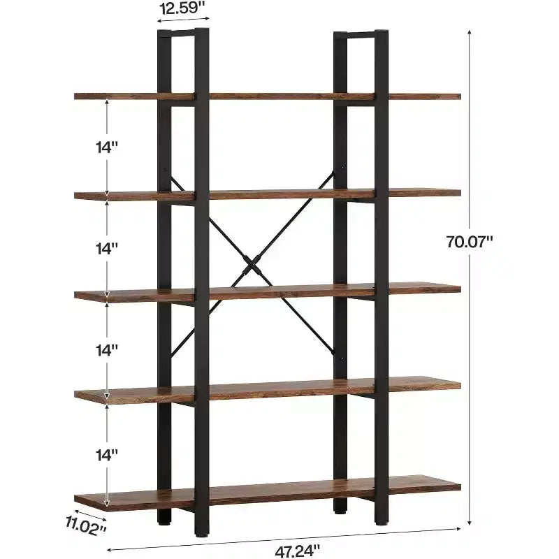 Estantería Lantine de 5 niveles, estantería industrial, librería alta vintage, 70 de alto x 11 de profundidad x 47 de ancho, para dormitorio, sala de estar, oficina en casa, marrón rústico