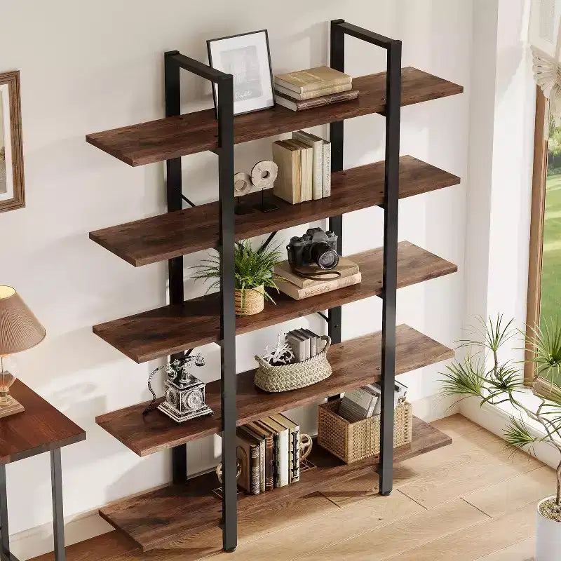 Estantería Lantine de 5 niveles, estantería industrial, librería alta vintage, 70 de alto x 11 de profundidad x 47 de ancho, para dormitorio, sala de estar, oficina en casa, marrón rústico