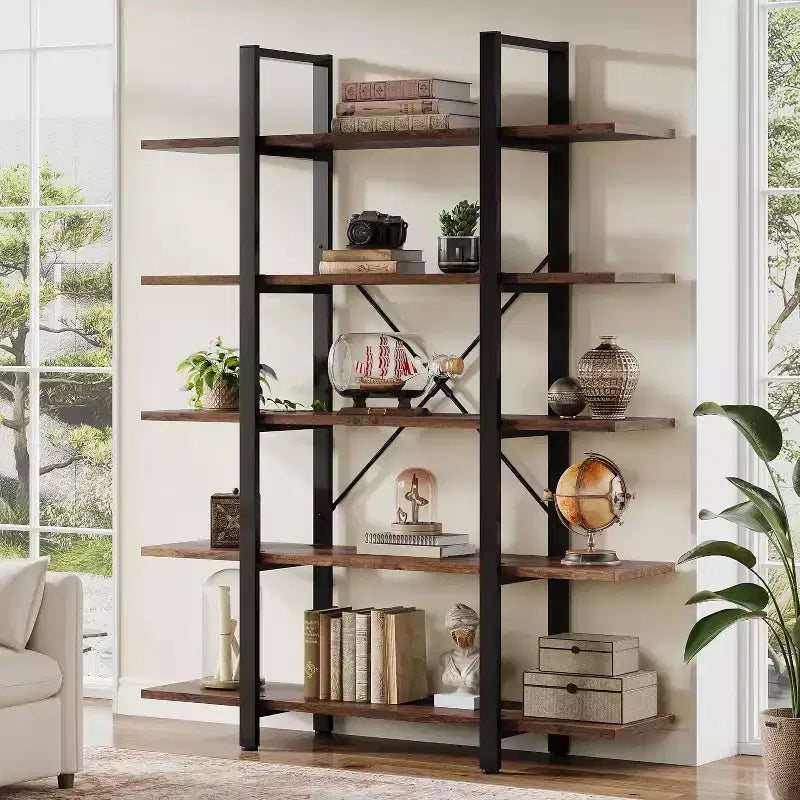 Estantería Lantine de 5 niveles, estantería industrial, librería alta vintage, 70 de alto x 11 de profundidad x 47 de ancho, para dormitorio, sala de estar, oficina en casa, marrón rústico