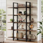 Estantería Lantine de 5 niveles, estantería industrial, librería alta vintage, 70 de alto x 11 de profundidad x 47 de ancho, para dormitorio, sala de estar, oficina en casa, marrón rústico