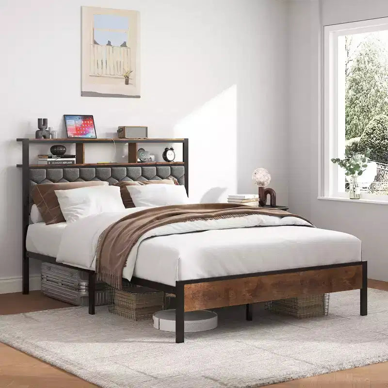 Cama de plataforma matrimonial/Queen/King con cabecero tapizado, estructura de cama de plataforma de madera con almacenamiento y 2 USB, amplio almacenamiento debajo de la cama, marrón