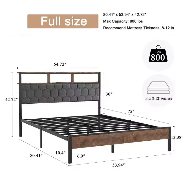 Cama de plataforma matrimonial/Queen/King con cabecero tapizado, estructura de cama de plataforma de madera con almacenamiento y 2 USB, amplio almacenamiento debajo de la cama, marrón