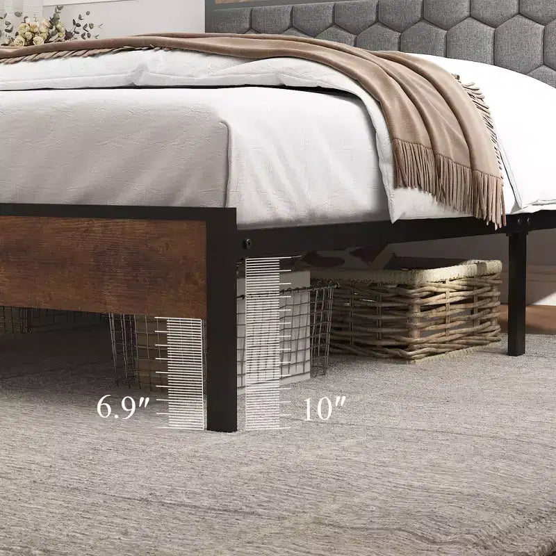 Cama de plataforma matrimonial/Queen/King con cabecero tapizado, estructura de cama de plataforma de madera con almacenamiento y 2 USB, amplio almacenamiento debajo de la cama, marrón