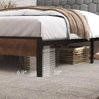 Cama de plataforma matrimonial/Queen/King con cabecero tapizado, estructura de cama de plataforma de madera con almacenamiento y 2 USB, amplio almacenamiento debajo de la cama, marrón