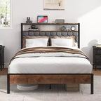 Cama de plataforma matrimonial/Queen/King con cabecero tapizado, estructura de cama de plataforma de madera con almacenamiento y 2 USB, amplio almacenamiento debajo de la cama, marrón