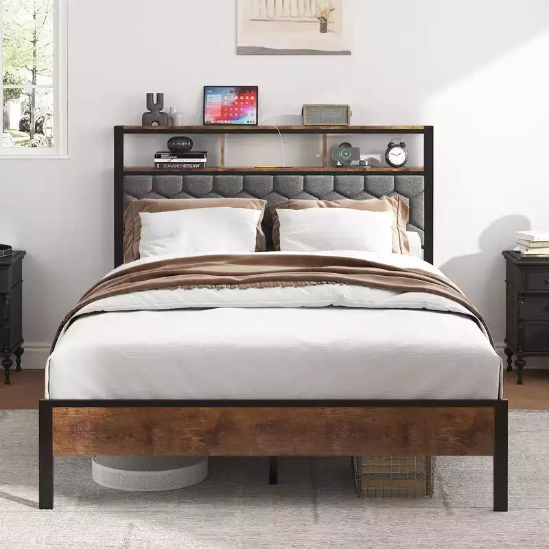 Cama de plataforma matrimonial/Queen/King con cabecero tapizado, estructura de cama de plataforma de madera con almacenamiento y 2 USB, amplio almacenamiento debajo de la cama, marrón
