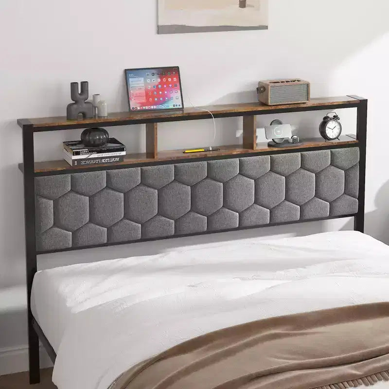 Cama de plataforma matrimonial/Queen/King con cabecero tapizado, estructura de cama de plataforma de madera con almacenamiento y 2 USB, amplio almacenamiento debajo de la cama, marrón