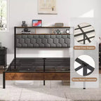 Cama de plataforma matrimonial/Queen/King con cabecero tapizado, estructura de cama de plataforma de madera con almacenamiento y 2 USB, amplio almacenamiento debajo de la cama, marrón
