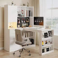 MooxvMoo L Shaped Wooden Right Desk w/ Charging Station, LED Light, Drawers and Bookshelf, Modern Corner Computer Table for Home Office Gaming, White
