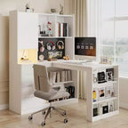 MooxvMoo L Shaped Wooden Right Desk w/ Charging Station, LED Light, Drawers and Bookshelf, Modern Corner Computer Table for Home Office Gaming, White