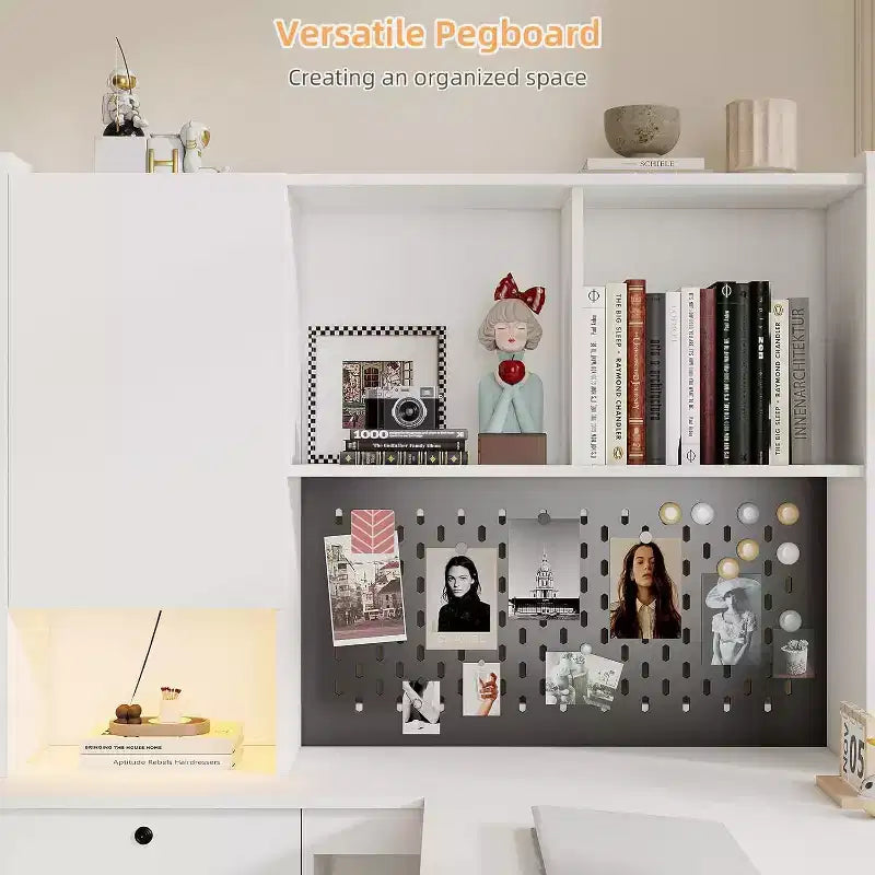 Escritorio de madera en forma de L MooxvMoo con estación de carga, luz LED, cajones y estantería, mesa moderna de esquina para ordenador para oficina en casa o juegos, blanco