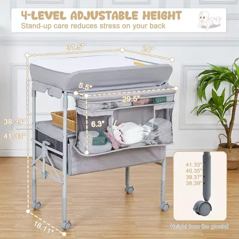 Cambiador de Bebé Portátil Ajustable con Ruedas, 2 Cajones y Superficie Impermeable, Estación Plegable para Pañales, Organizador Móvil de Guardería para Recién Nacidos