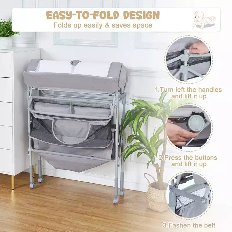 Cambiador de Bebé Portátil Ajustable con Ruedas, 2 Cajones y Superficie Impermeable, Estación Plegable para Pañales, Organizador Móvil de Guardería para Recién Nacidos