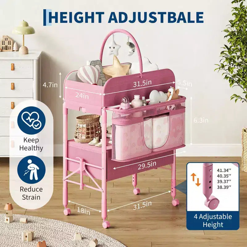 Cambiador de Bebé Portátil Ajustable con Ruedas, 2 Cajones y Superficie Impermeable, Estación Plegable para Pañales, Organizador Móvil de Guardería para Recién Nacidos