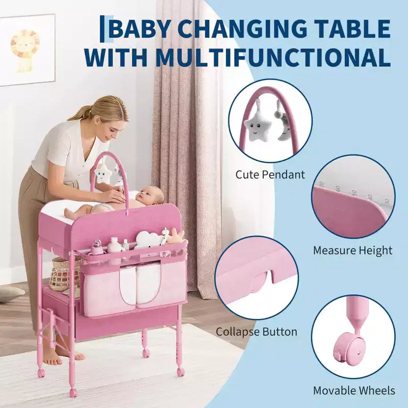 Cambiador de Bebé Portátil Ajustable con Ruedas, 2 Cajones y Superficie Impermeable, Estación Plegable para Pañales, Organizador Móvil de Guardería para Recién Nacidos