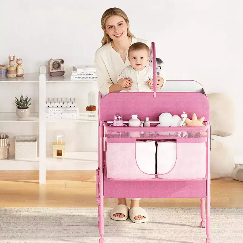 Cambiador de Bebé Portátil Ajustable con Ruedas, 2 Cajones y Superficie Impermeable, Estación Plegable para Pañales, Organizador Móvil de Guardería para Recién Nacidos