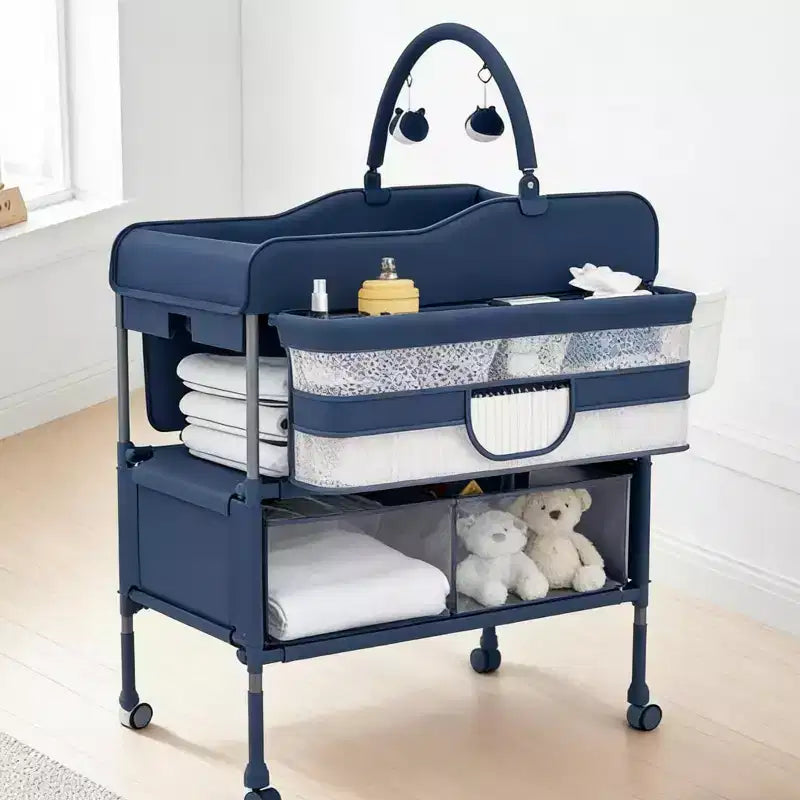 Cambiador de Bebé Portátil Ajustable con Ruedas, 2 Cajones y Superficie Impermeable, Estación Plegable para Pañales, Organizador Móvil de Guardería para Recién Nacidos